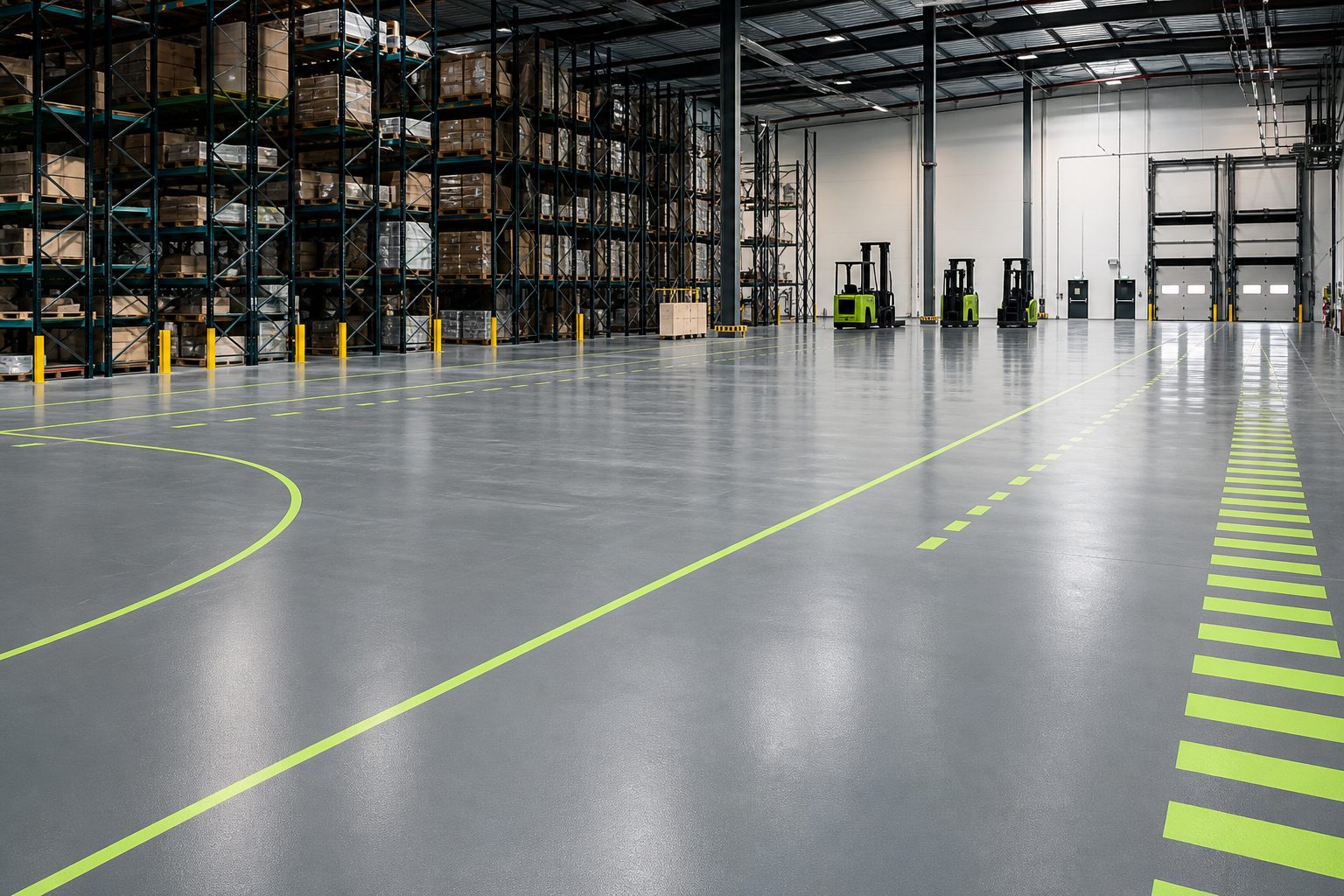 Epoxy warehouse floor with forklift routes