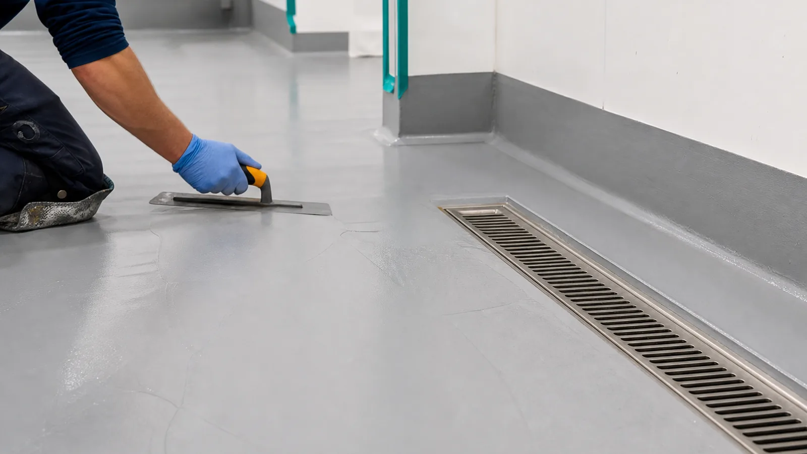 Food grade epoxy flooring installation with stainless drain and coved wall detail in Saudi Arabia
