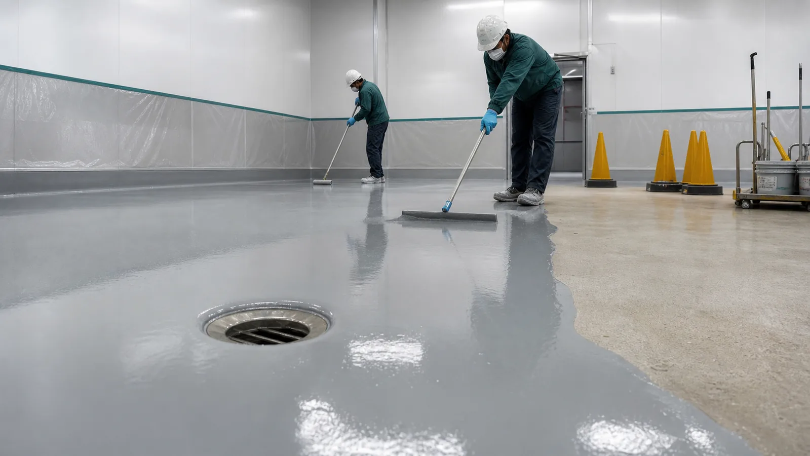 Professional food grade epoxy and PU cement flooring installation with drain detail in Saudi Arabia