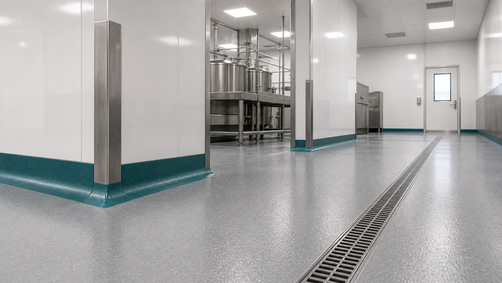 Food grade PU screed and Ucrete flooring with coved skirting and stainless drain in Saudi Arabia
