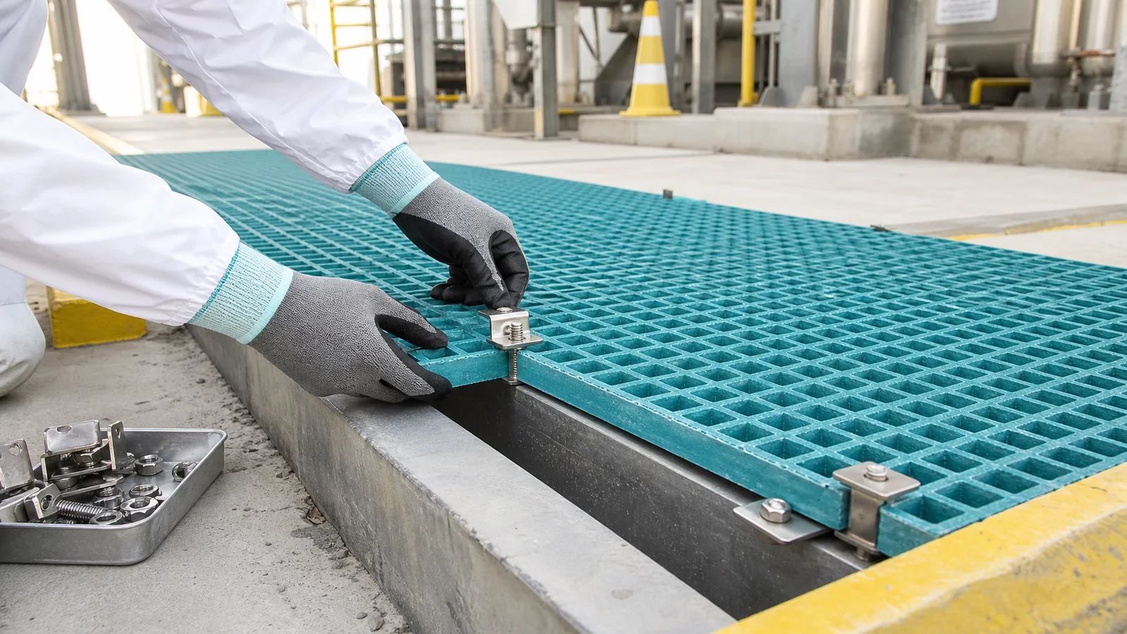 FRP grating installation with stainless hold-down clips on an industrial site in Saudi Arabia