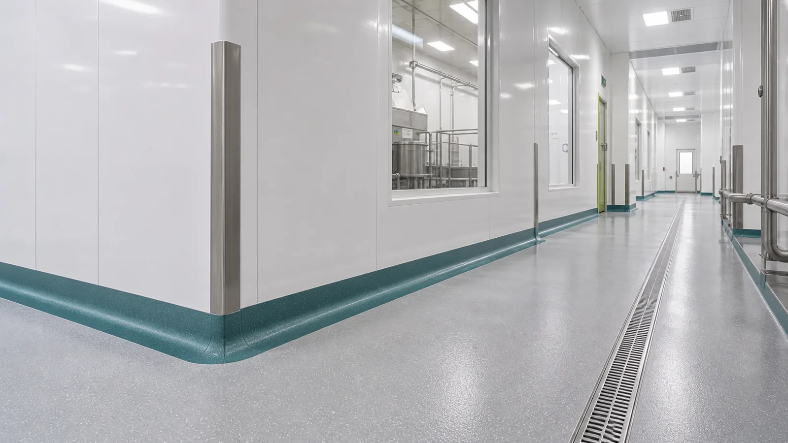 FRP hygienic wall panels with coved resin flooring and floor drain in Saudi Arabia