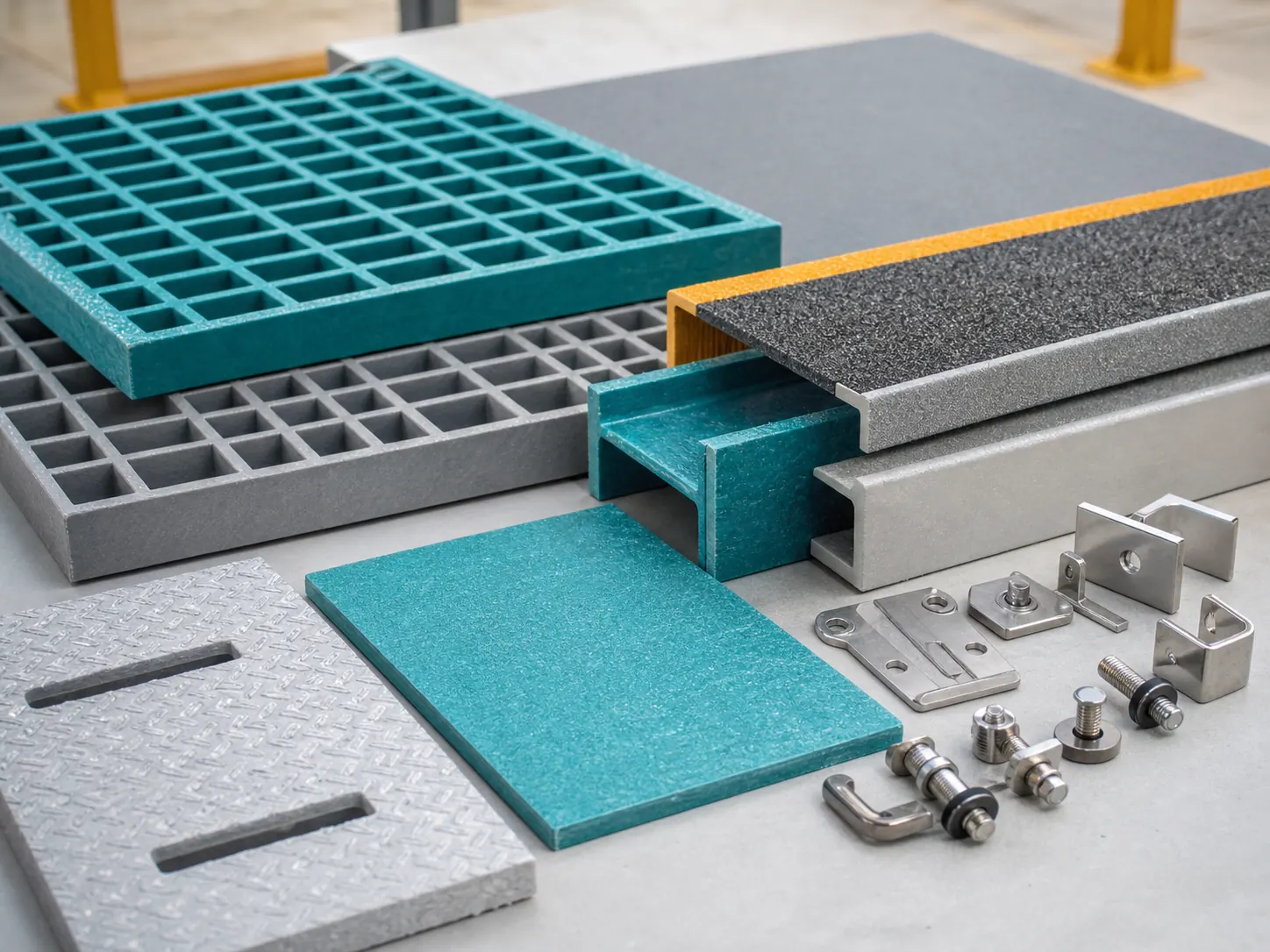FRP kerb, grating, panel and stainless fixing materials for hygienic industrial areas