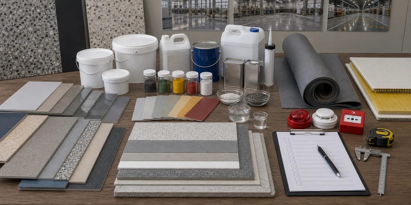 FRP panels chemicals pigments flooring samples fire alarm devices and building materials for Saudi Arabia projects