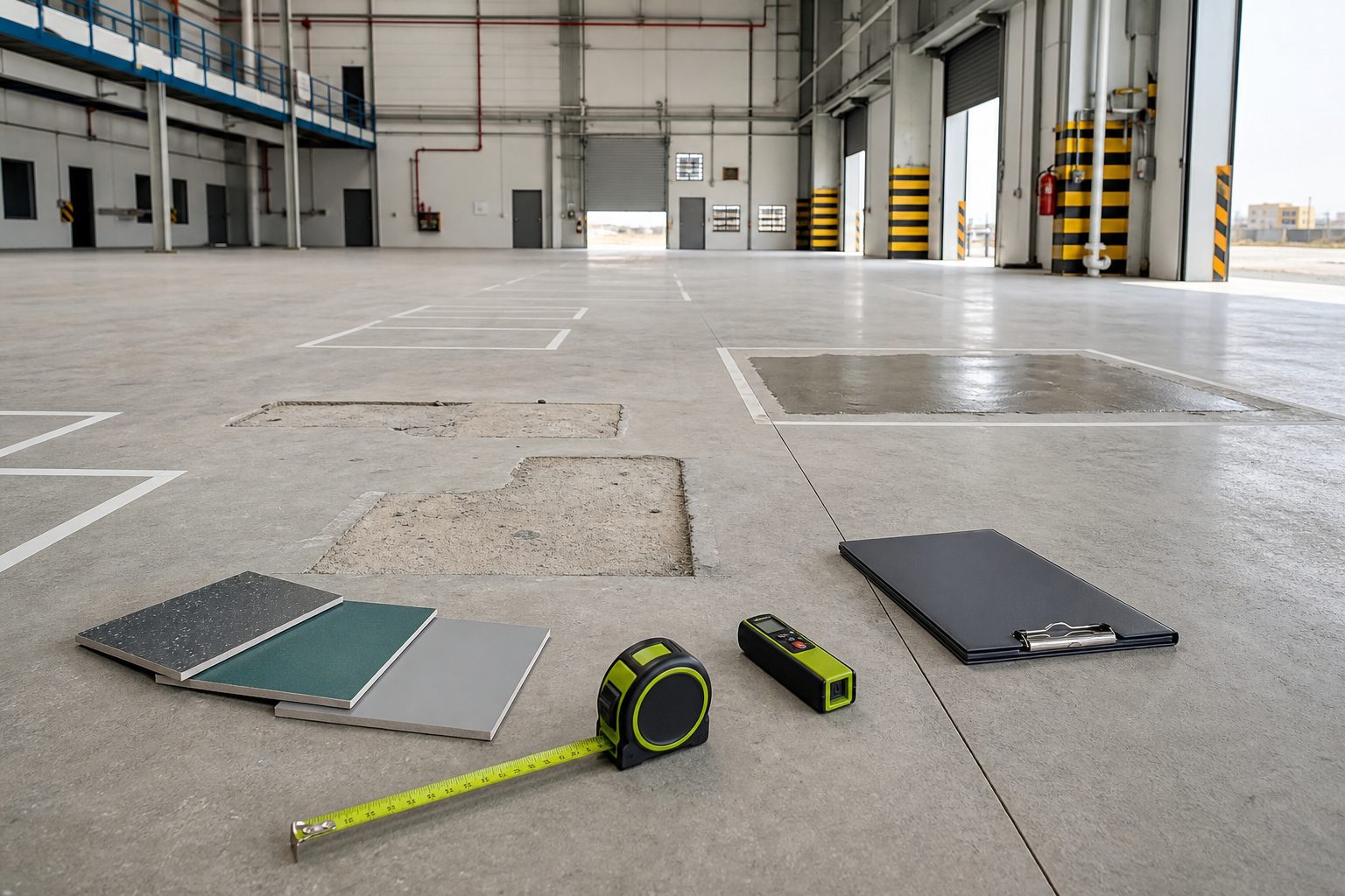Industrial concrete floor survey with repair areas, resin samples and measuring tools for an epoxy flooring BOQ