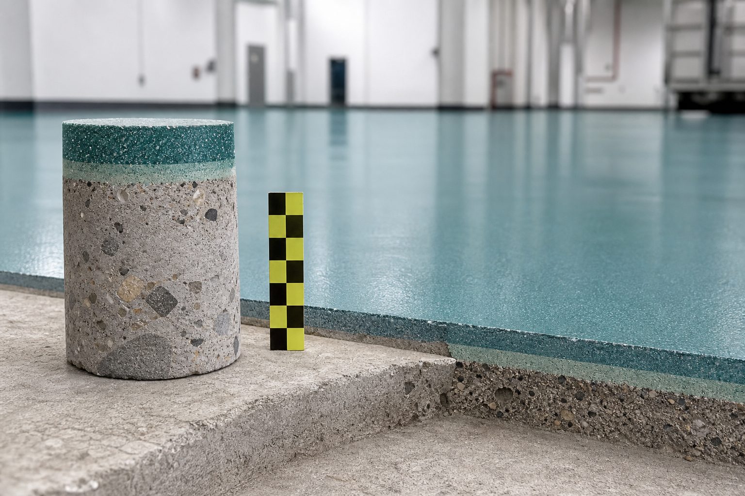 Core sample and exposed multi-layer resin floor build beside a finished industrial floor