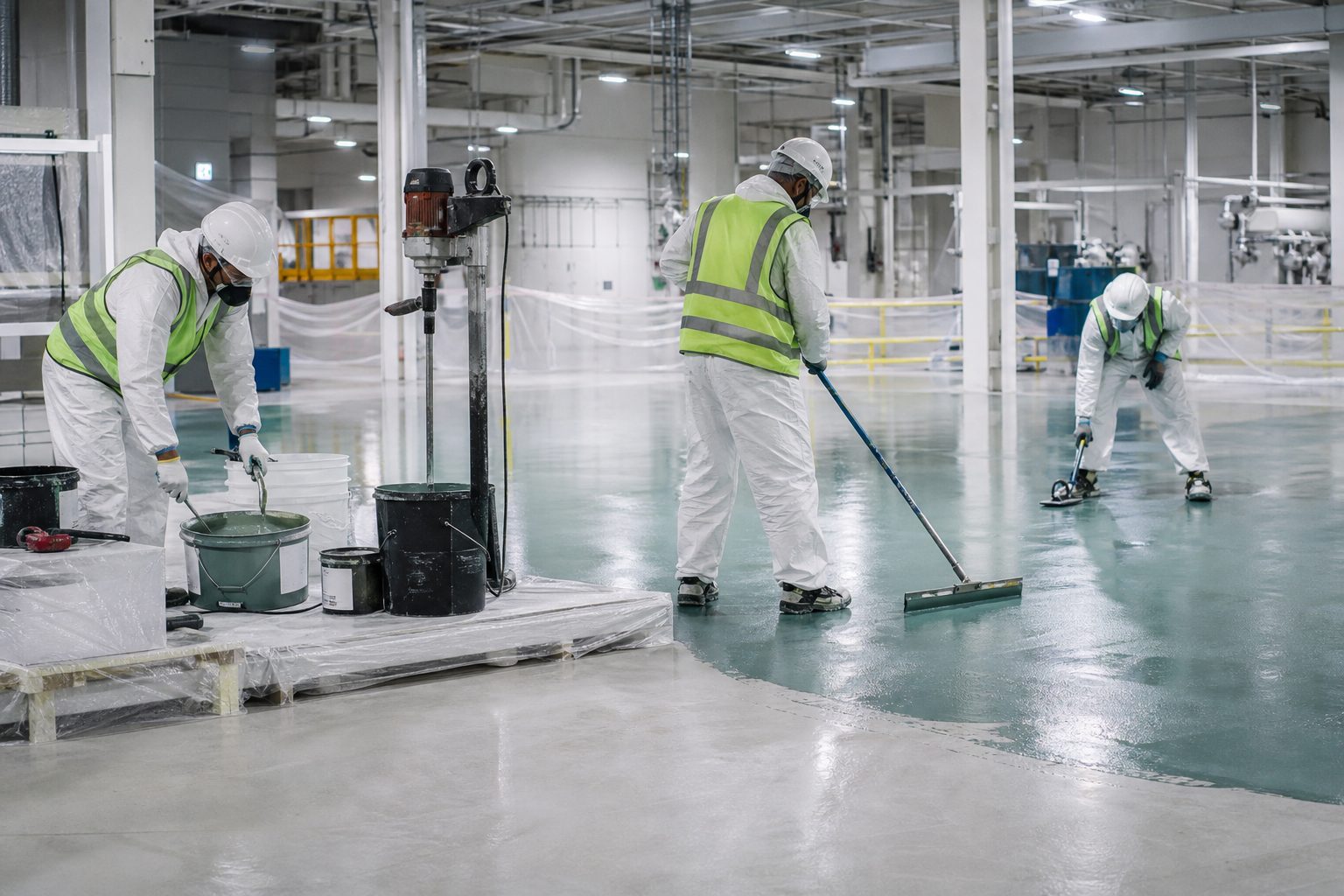 PPE-equipped resin flooring crew mixing and applying a seamless industrial floor under controlled conditions