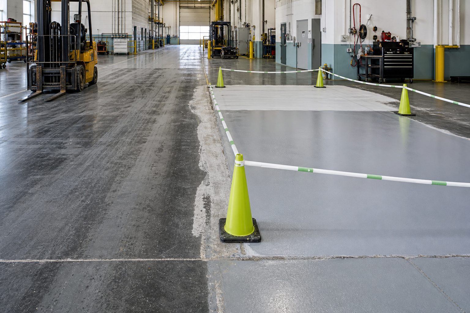 Industrial warehouse floor with a protected local resin repair bay beside a worn forklift traffic route