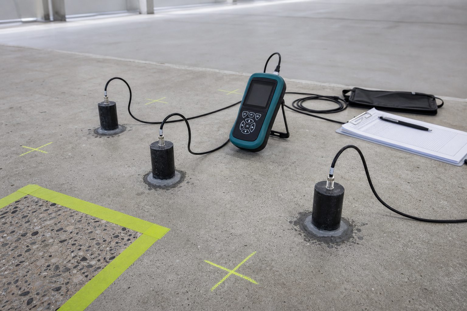 Concrete slab moisture testing with sealed relative humidity ports and a technical moisture meter