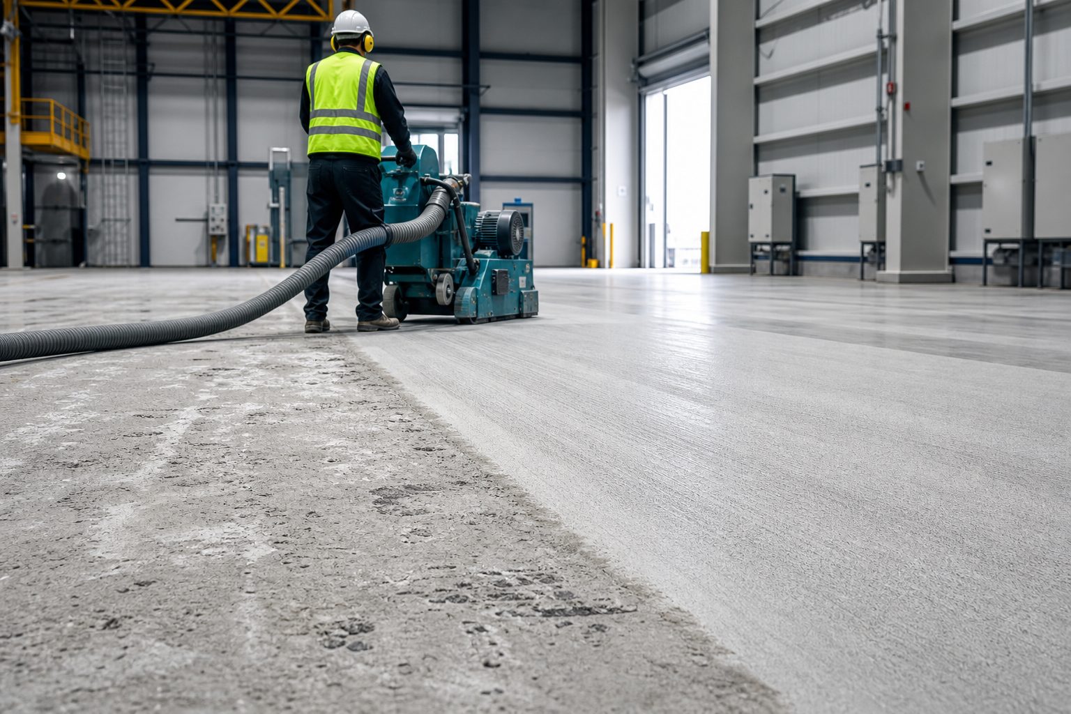 Operator using industrial shot blasting equipment to prepare concrete for epoxy flooring