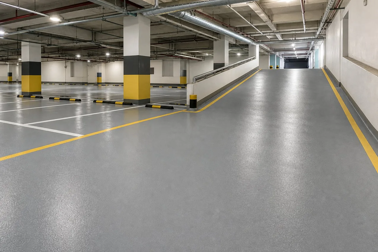 Heavy-duty epoxy and polyurethane traffic flooring with line marking in Saudi Arabia