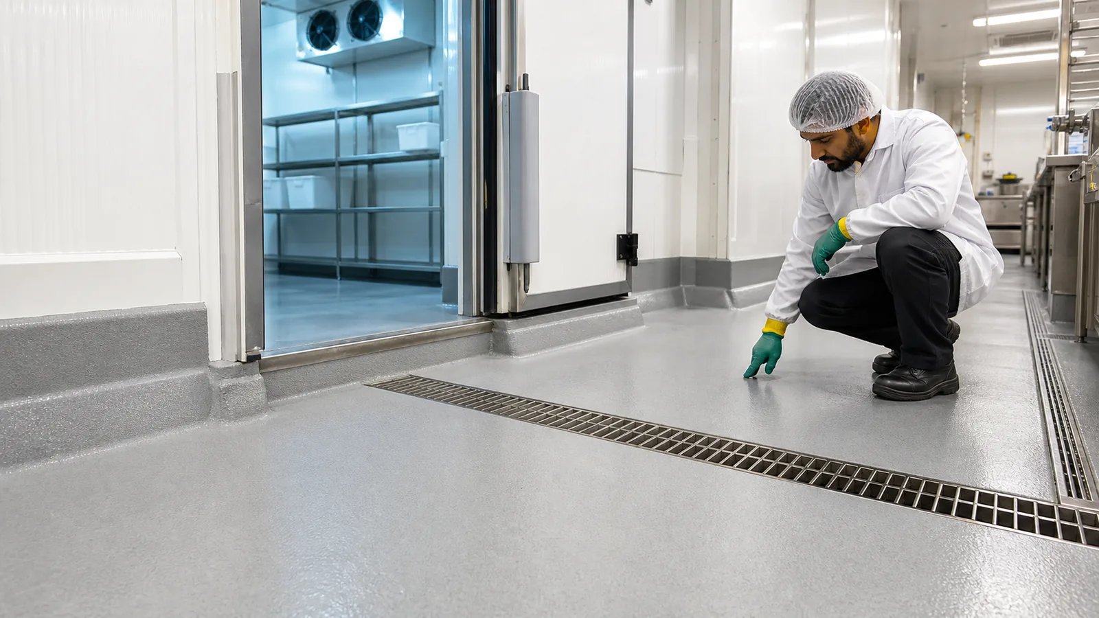 Hygienic cold room flooring with cove base threshold and stainless drain detail in Saudi Arabia