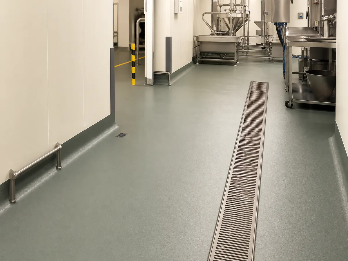 Hygienic epoxy and PU flooring with coved skirting and drain channel for Saudi Arabia food and healthcare areas