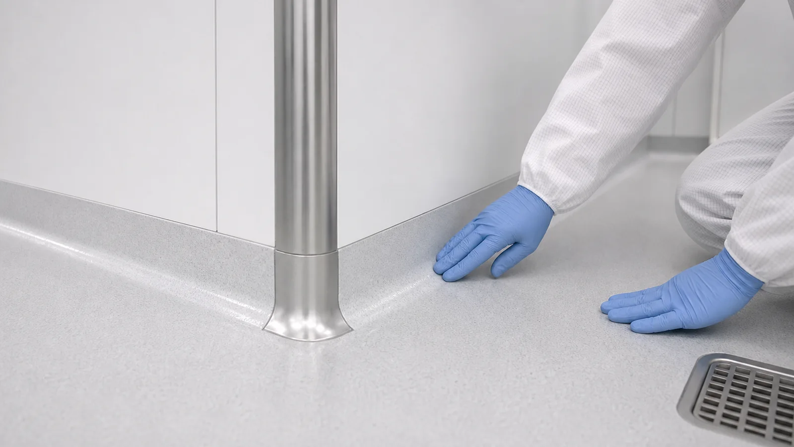 Hygienic wall protection with cleanroom coving and seamless resin floor detail
