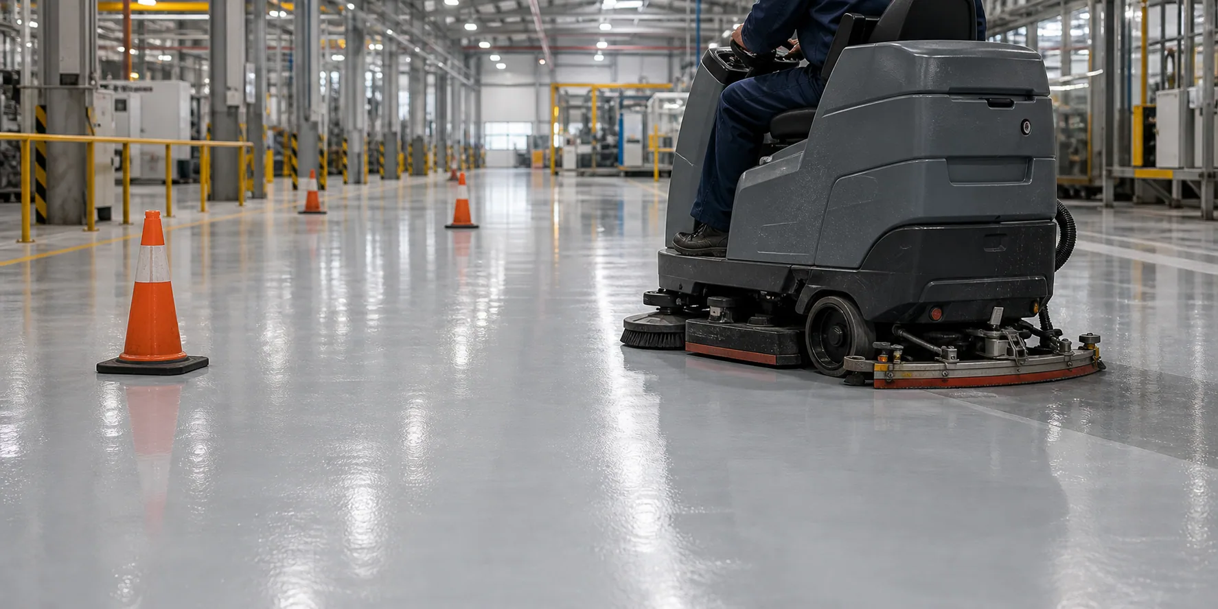 Industrial epoxy floor cleaning schedule in Saudi Arabia with auto scrubber maintenance