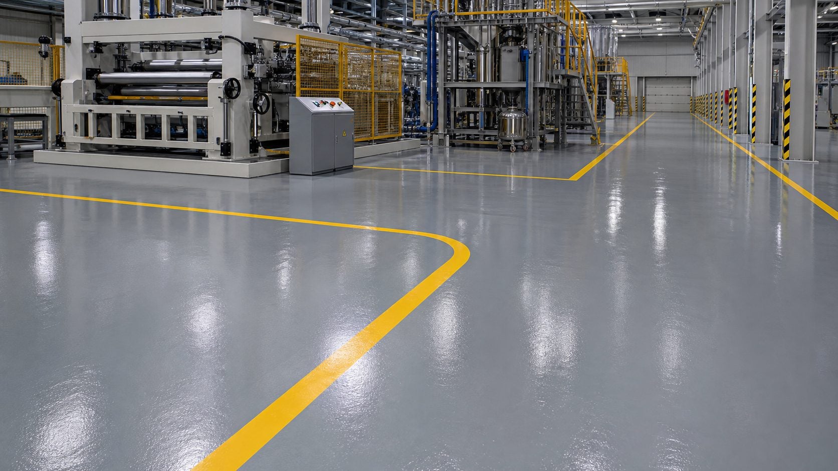 Generated natural industrial epoxy floor coating with safety aisle lines in a Saudi facility