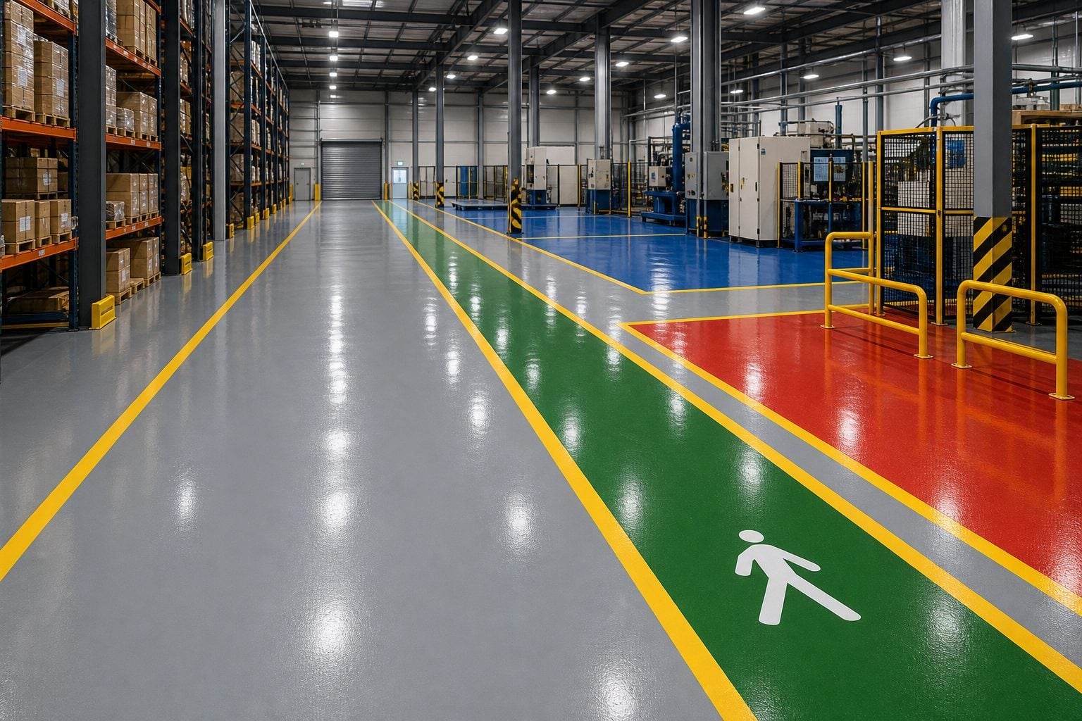 Industrial epoxy floor color zoning for warehouse safety and brand identity in Saudi Arabia
