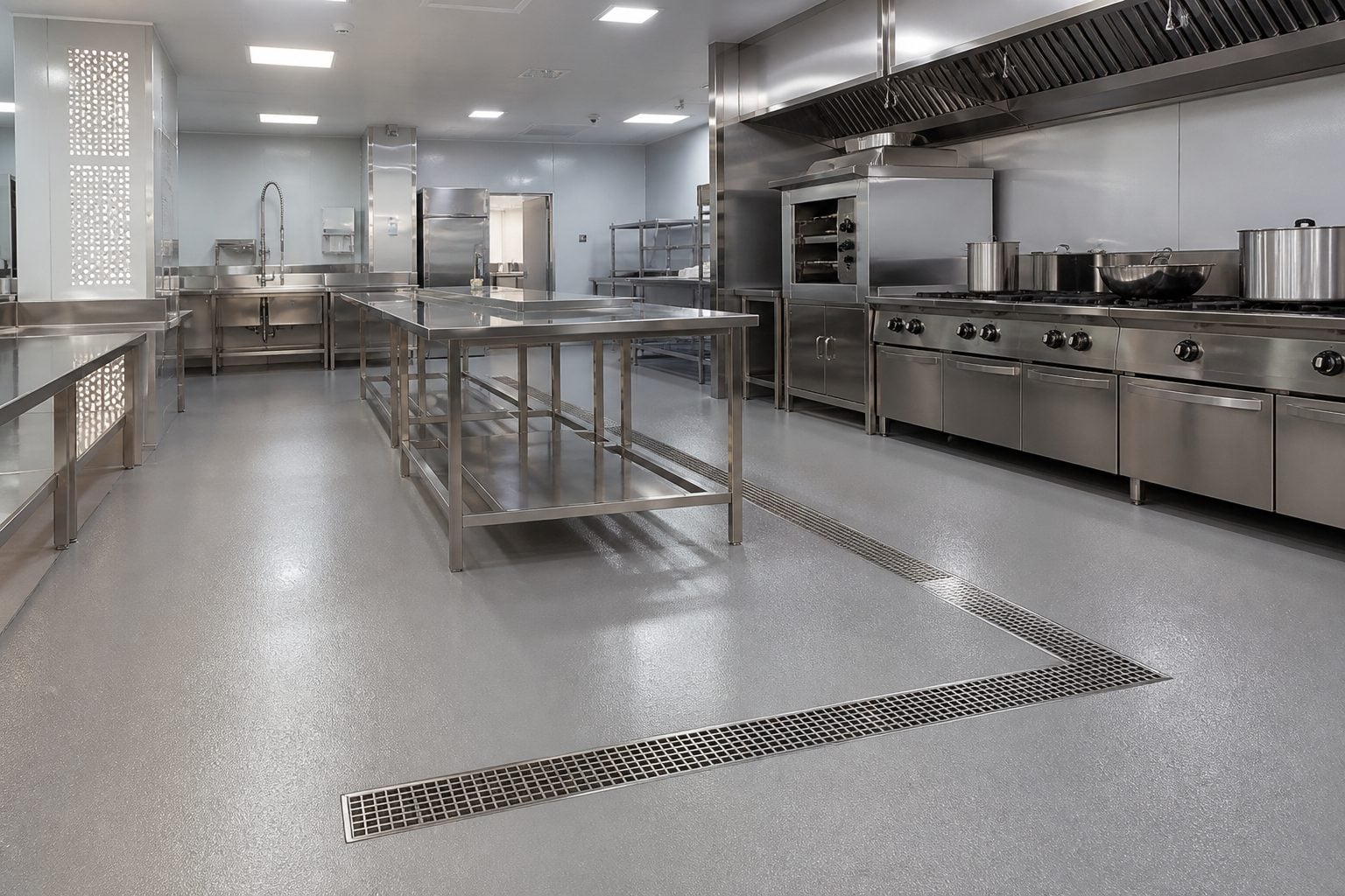 Slip-resistant hygienic resin flooring for an industrial kitchen with stainless steel equipment and floor drains