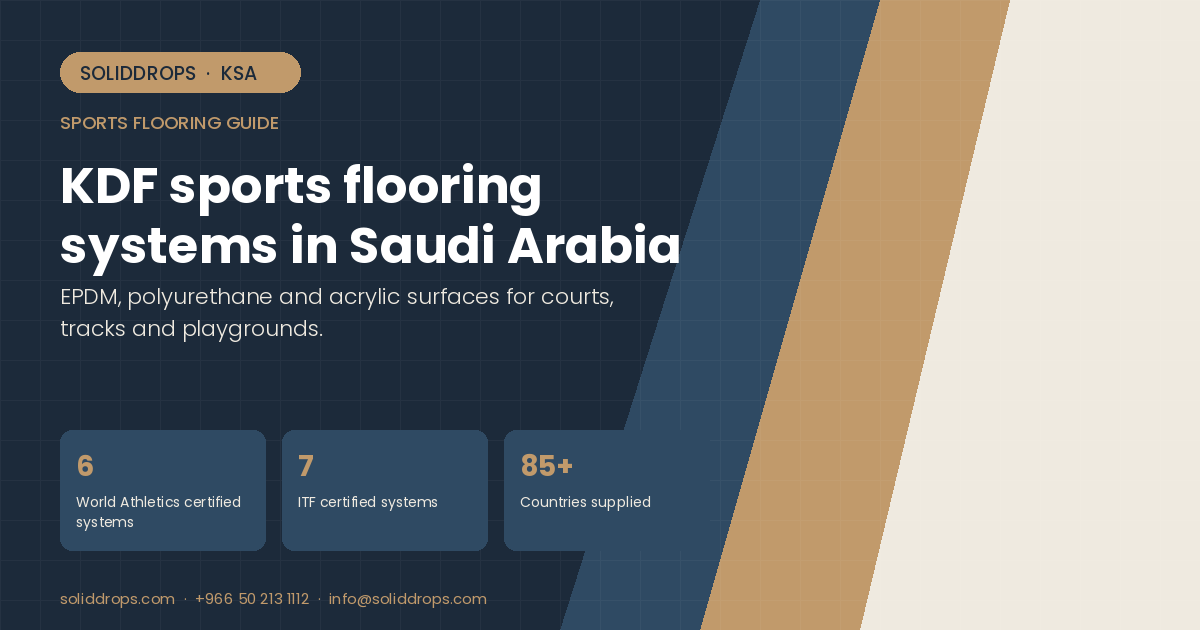 KDF sports flooring systems in Saudi Arabia – SolidDrops guide cover graphic with key figures