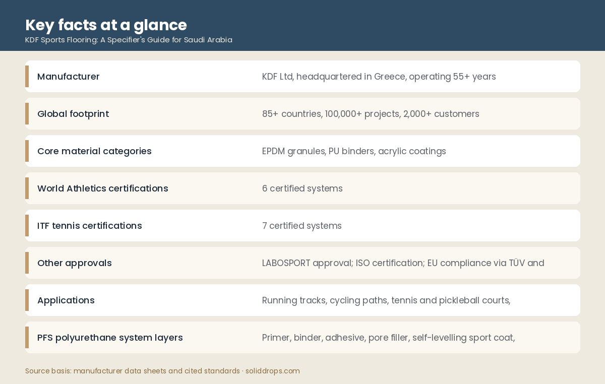 Key facts at a glance infographic for KDF sports flooring