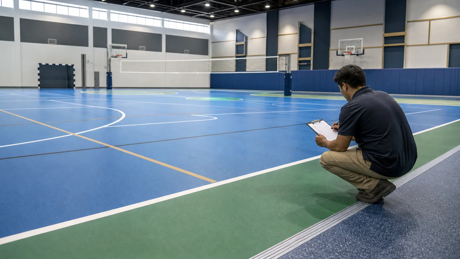 KDF style sports flooring in a Saudi school gym with clean court line marking