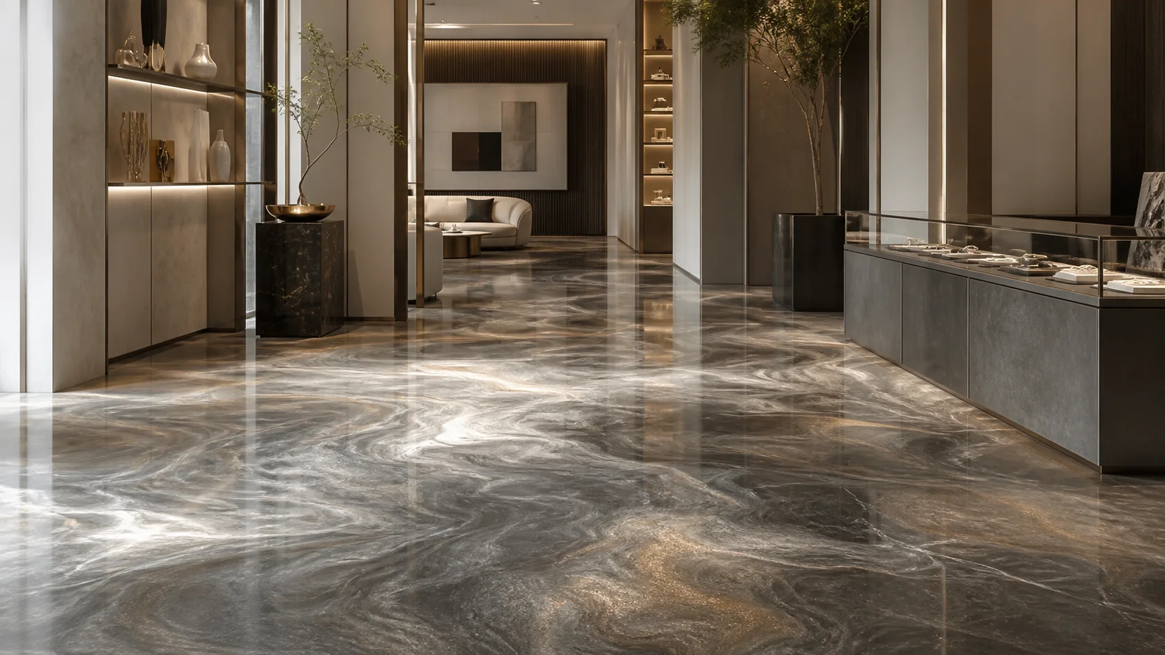 Metallic epoxy flooring in a premium Saudi showroom with charcoal and bronze tones