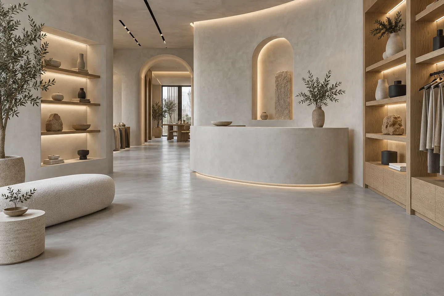 Microcement floor and curved reception desk in a showroom — AI-generated concept