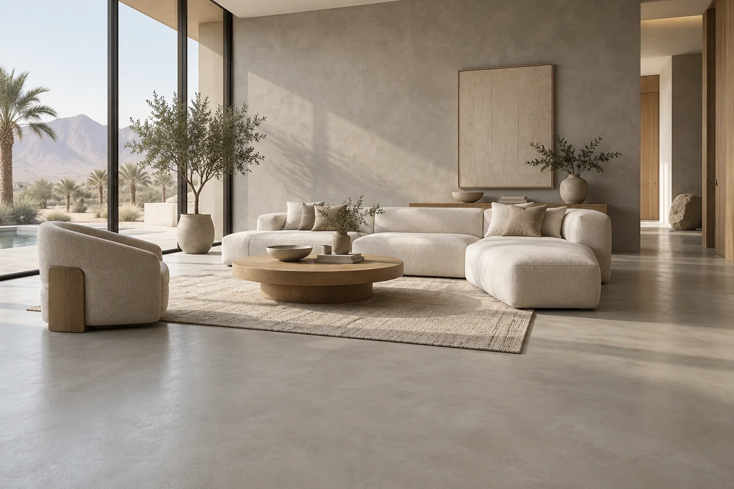 Warm grey microcement floor and wall in a contemporary villa — AI-generated concept