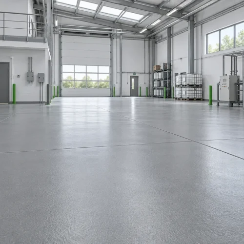AI-generated illustration of a textured resin floor in a generic industrial facility