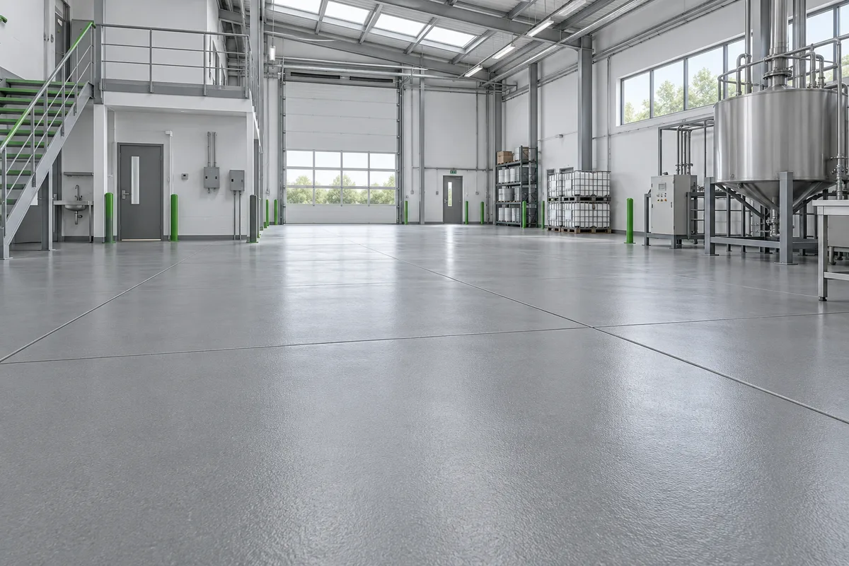 AI-generated illustration of a textured resin floor in a generic industrial facility
