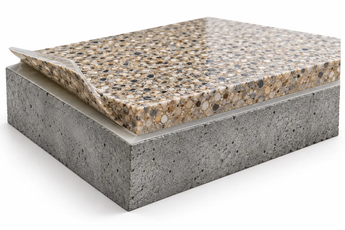 AI-generated conceptual cutaway of concrete, resin layers and a textured quartz finish