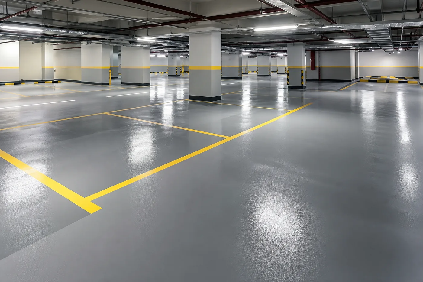 Parking deck epoxy and polyurethane floor coating with line marking in Saudi Arabia