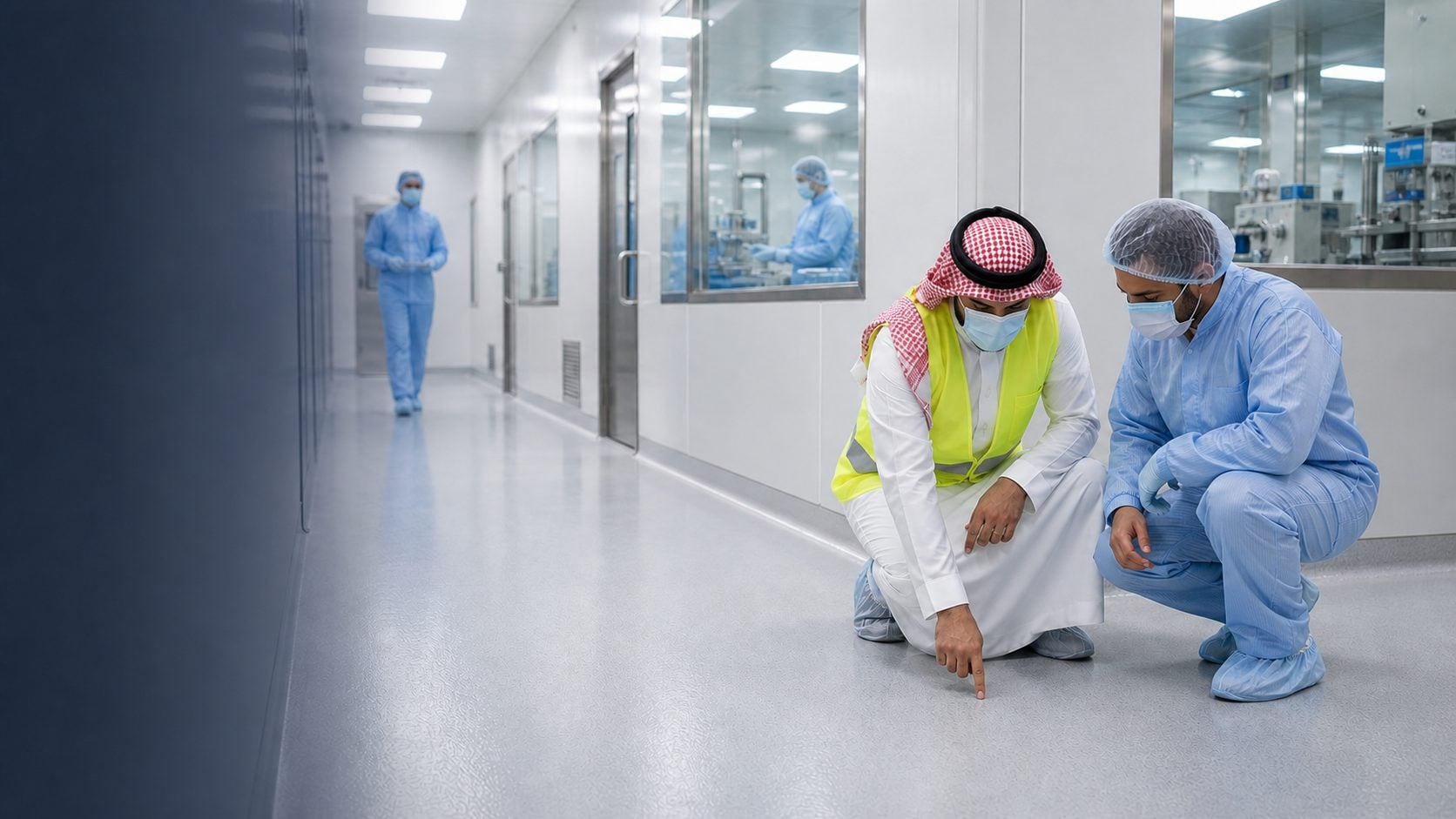 Pharmaceutical cleanroom flooring and hygienic wall protection in Saudi Arabia with privacy-safe masked workers