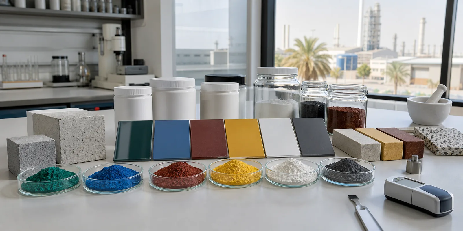 Natural pigment powder samples, coating panels and concrete color materials for SolidDrops Saudi Arabia inquiries
