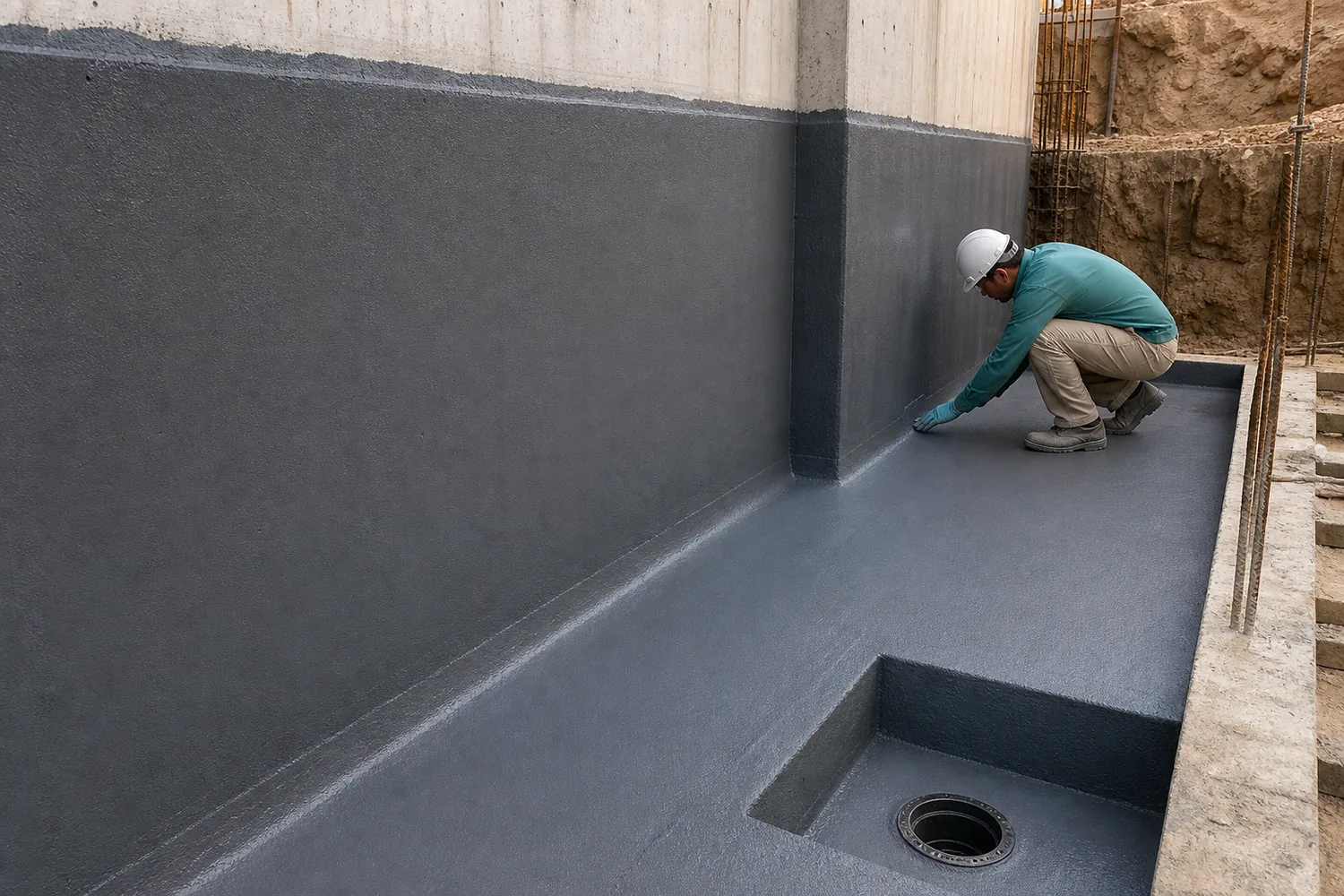 Polyurea basement waterproofing membrane on retaining wall and slab transition in Saudi Arabia