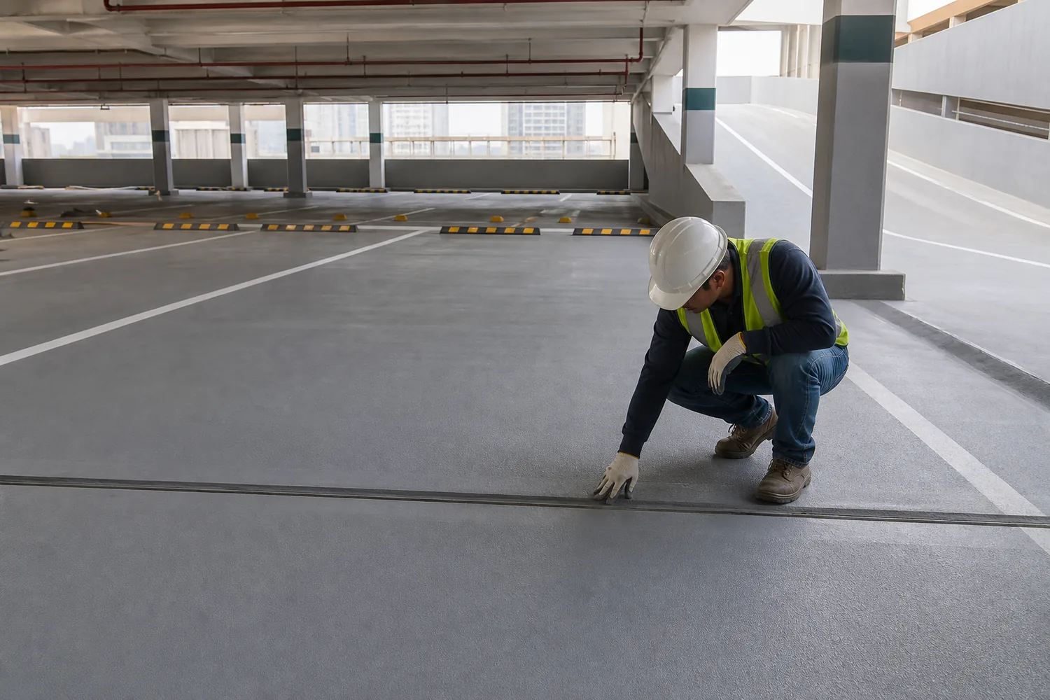 Polyurea coating on a Saudi car park deck with joint and ramp details