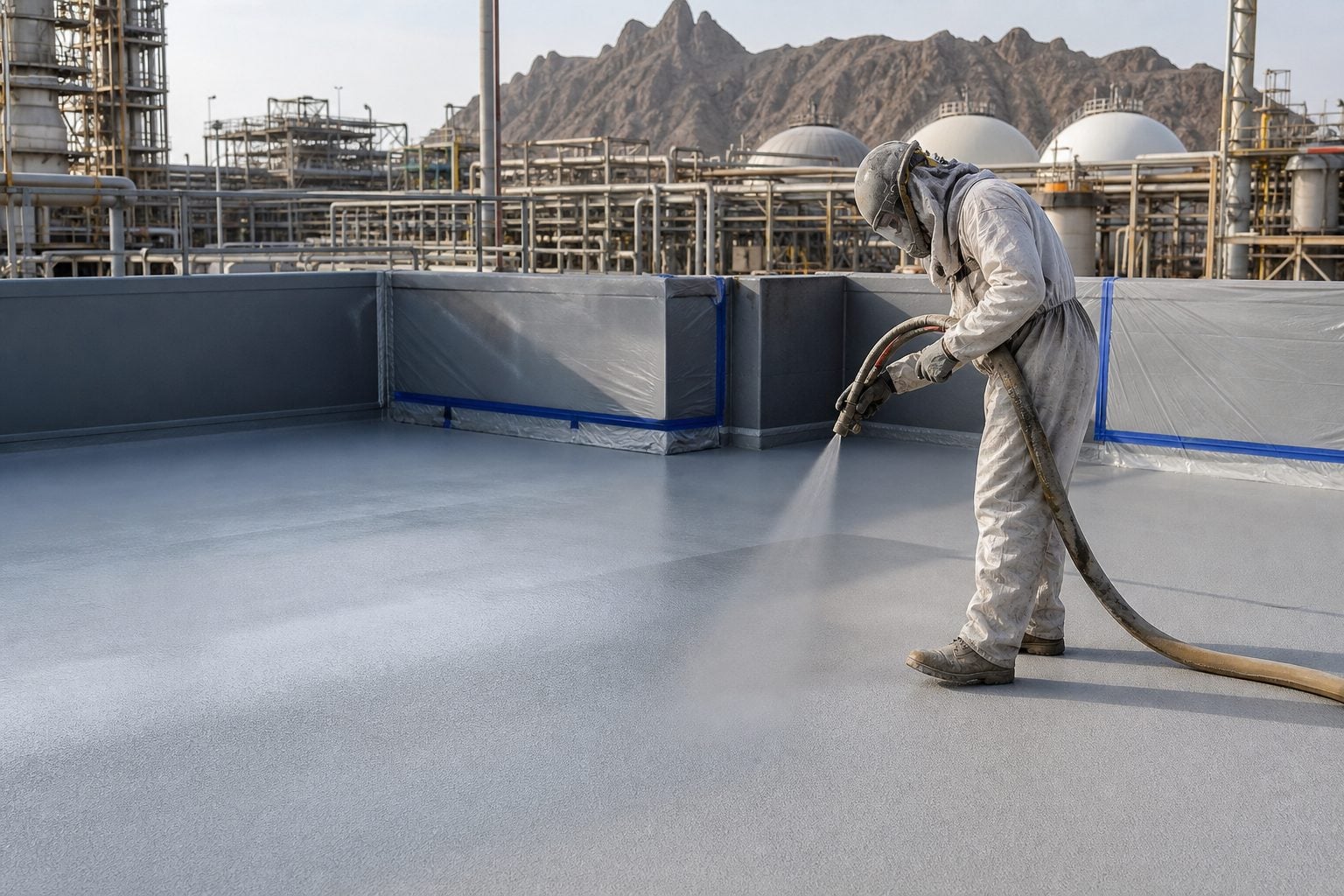 Generated natural polyurea spray coating application on concrete protection surface in Saudi Arabia