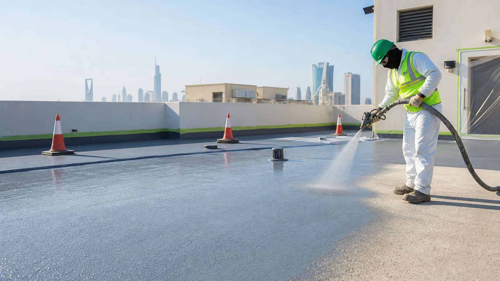 Polyurea coating spray application on a Saudi roof deck with waterproofing details