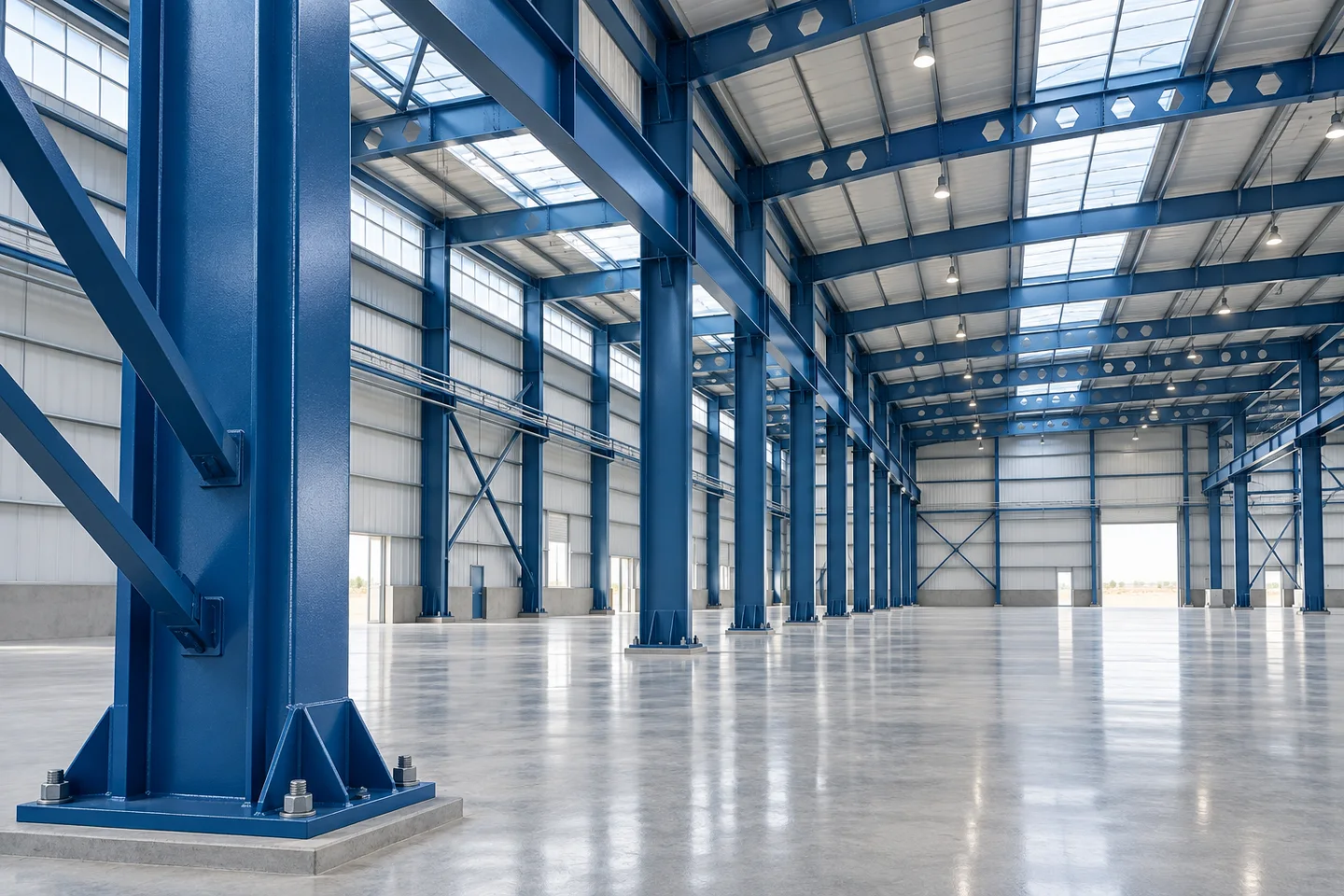 Blue coated structural steel in an industrial hall — AI-generated concept