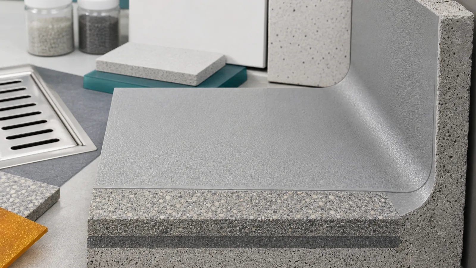 PU cement and epoxy flooring system sample with aggregate layer and hygienic cove detail