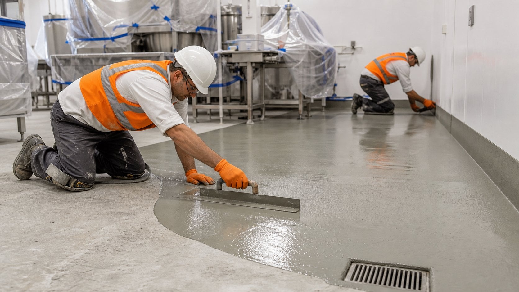 PU cement flooring installation in KSA with cove base and hygienic drain detailing