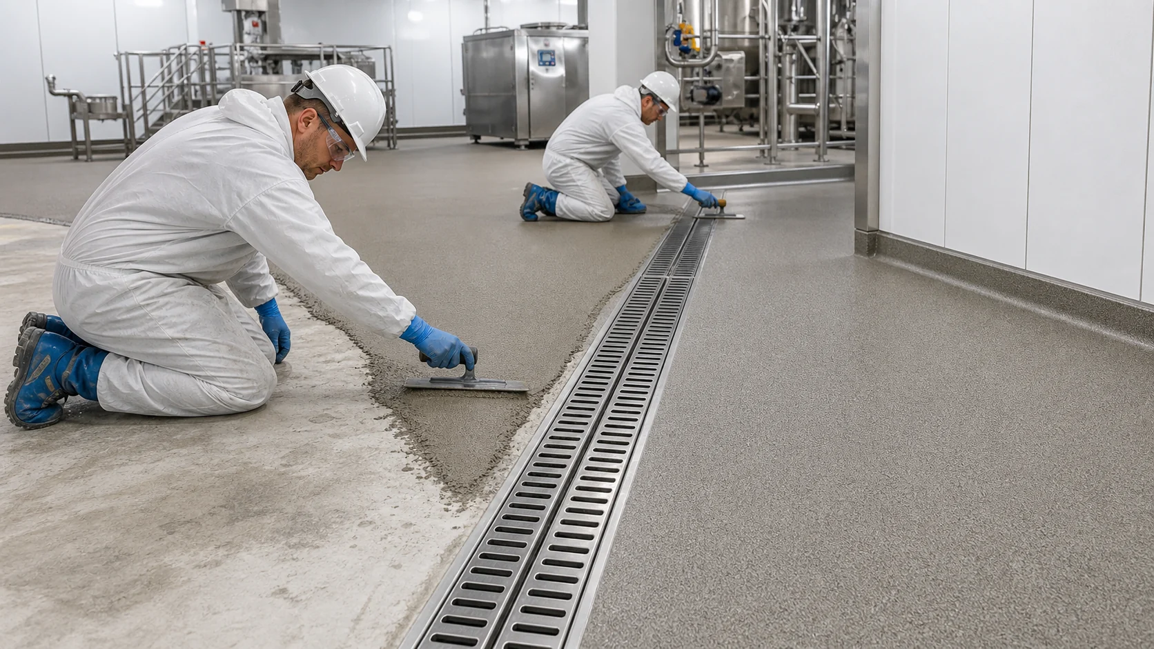 Polyurethane cement screed being trowelled around a stainless drain and hygienic cove in a food factory