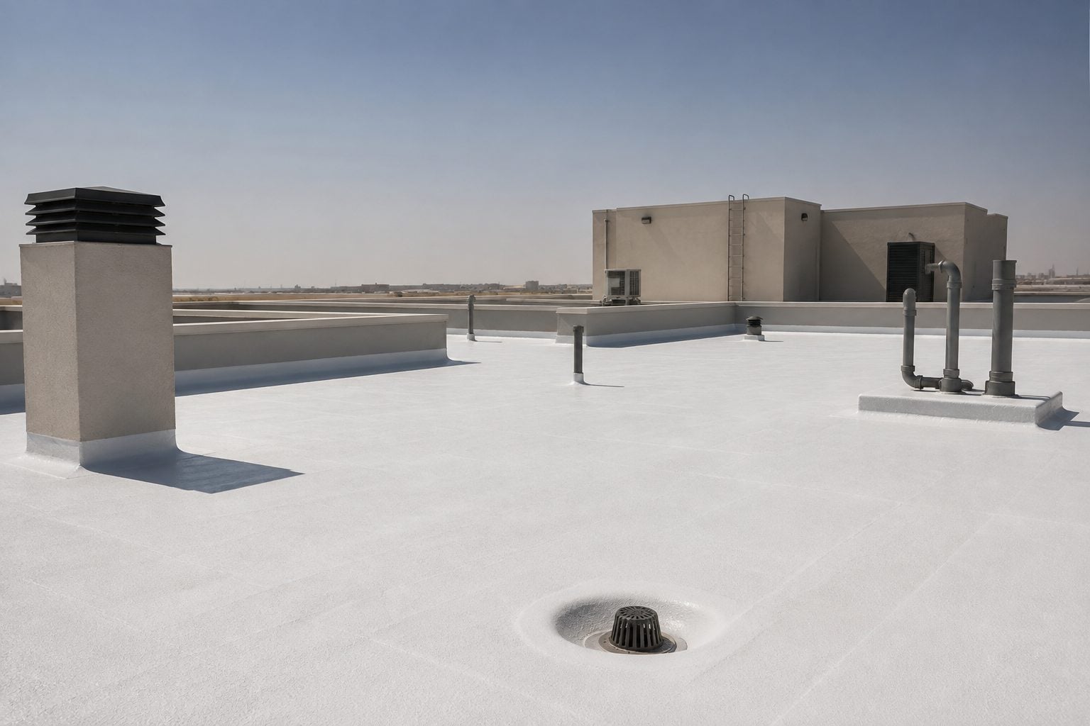 Illustrative completed PU foam roof system with protective coating, drains and parapet detailing in Saudi Arabia