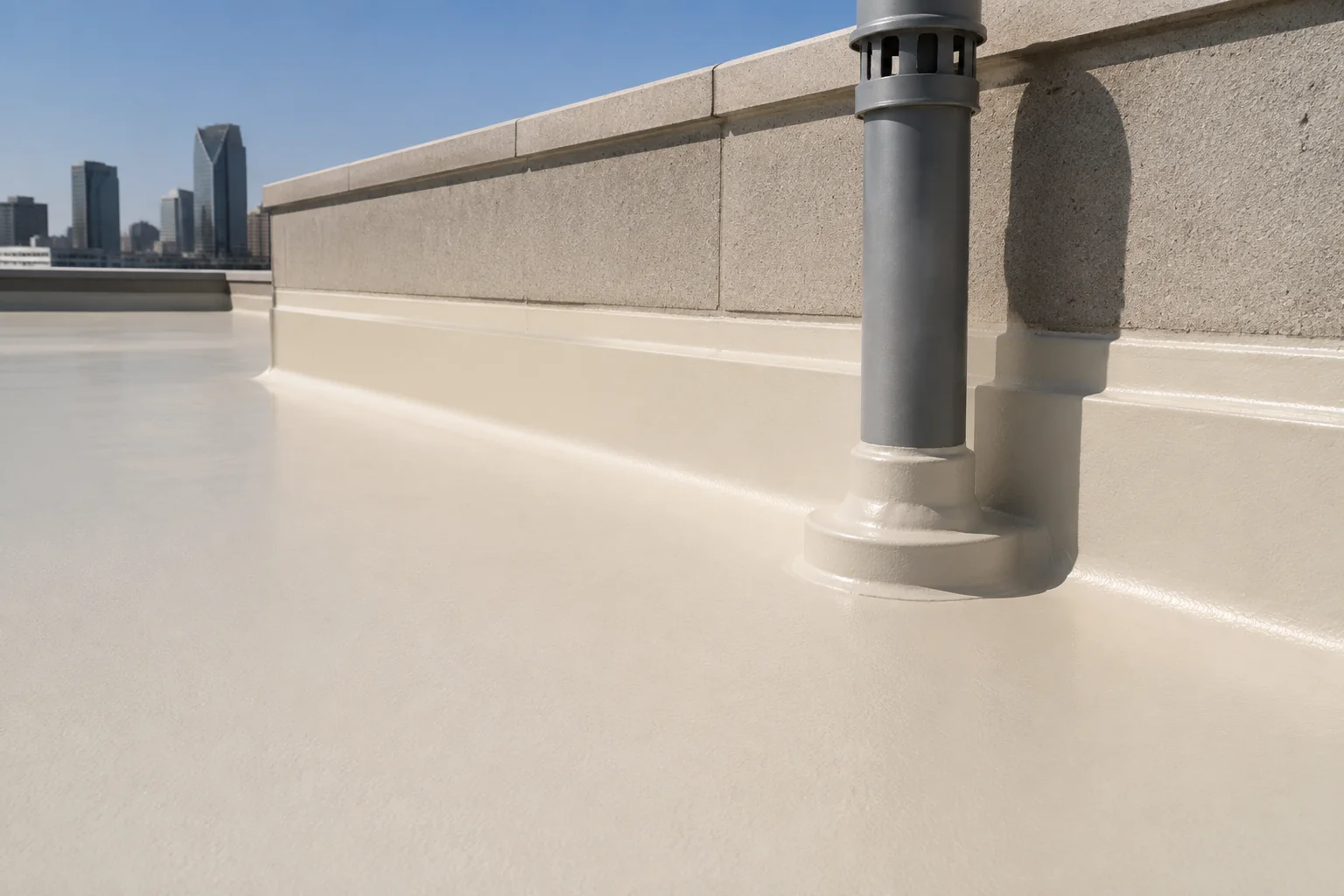 Illustrative generated roof coating detail at a parapet and service penetration