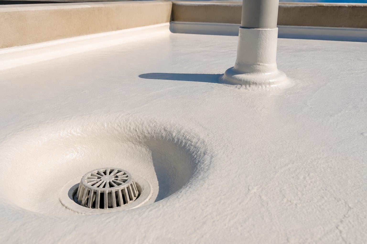 Illustrative roof drain and pipe penetration detail within a protected PU foam roof system
