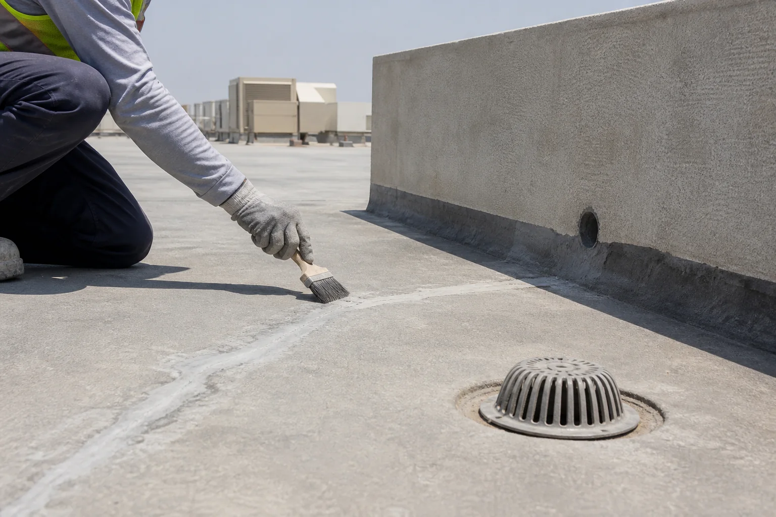 Illustrative generated roof preparation and drain-detail review before PU foam waterproofing