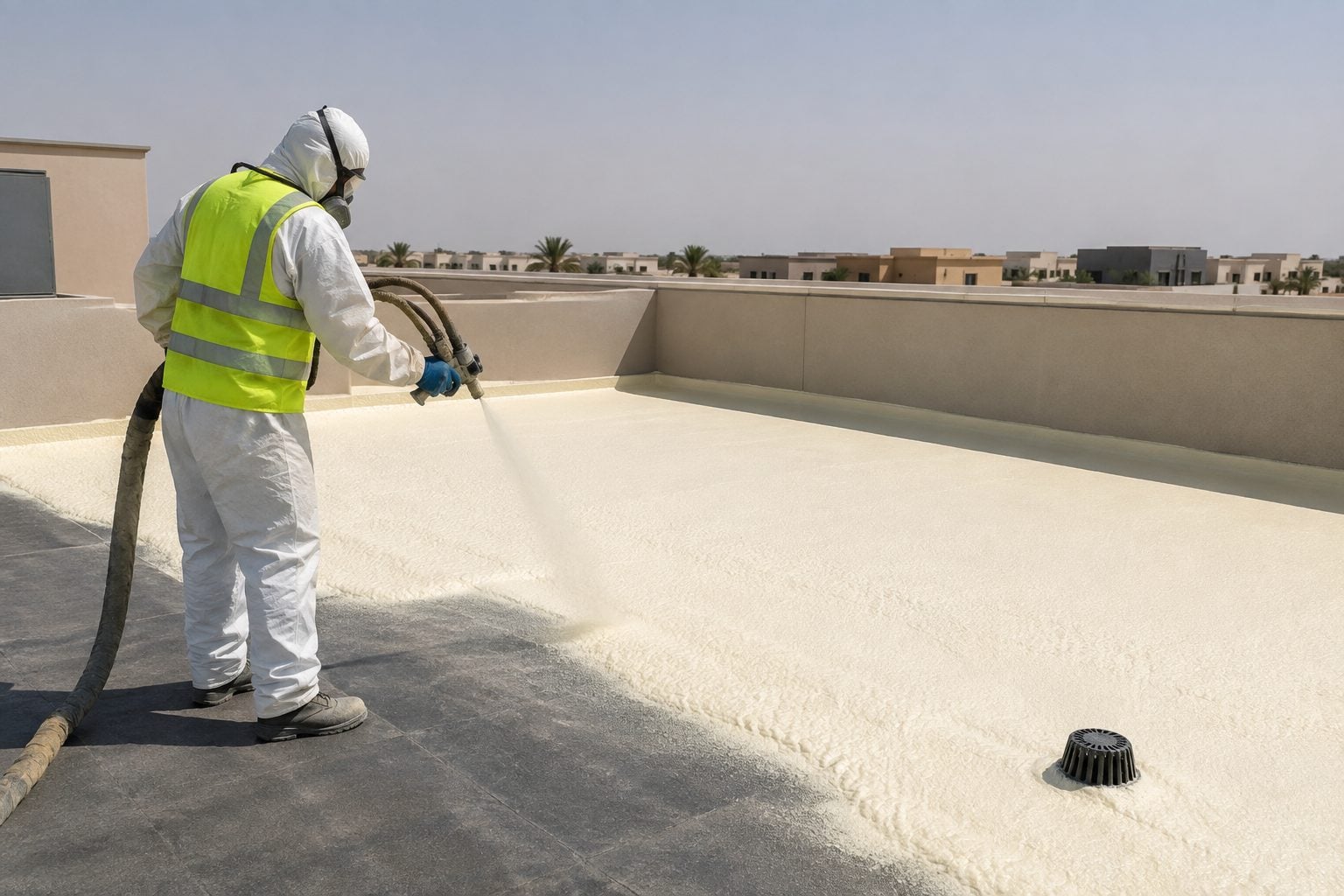 Illustrative spray application of polyurethane foam on a flat commercial roof in Saudi Arabia
