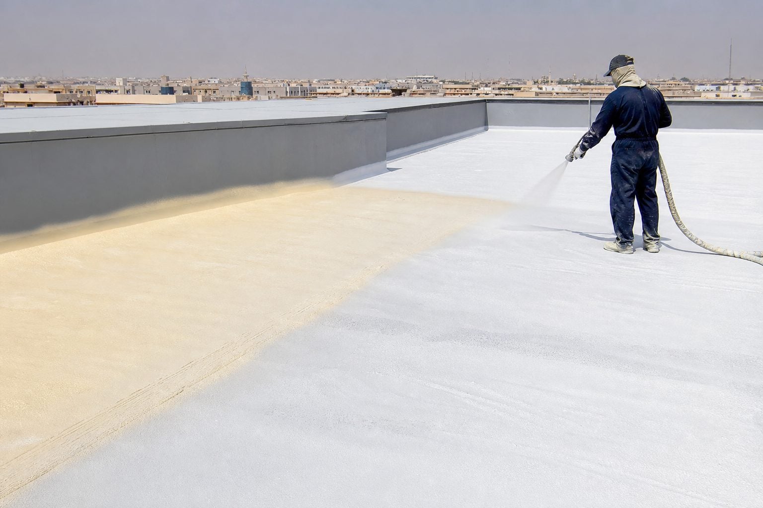 Generated natural PU foam roof waterproofing with protective coating on a flat Saudi roof