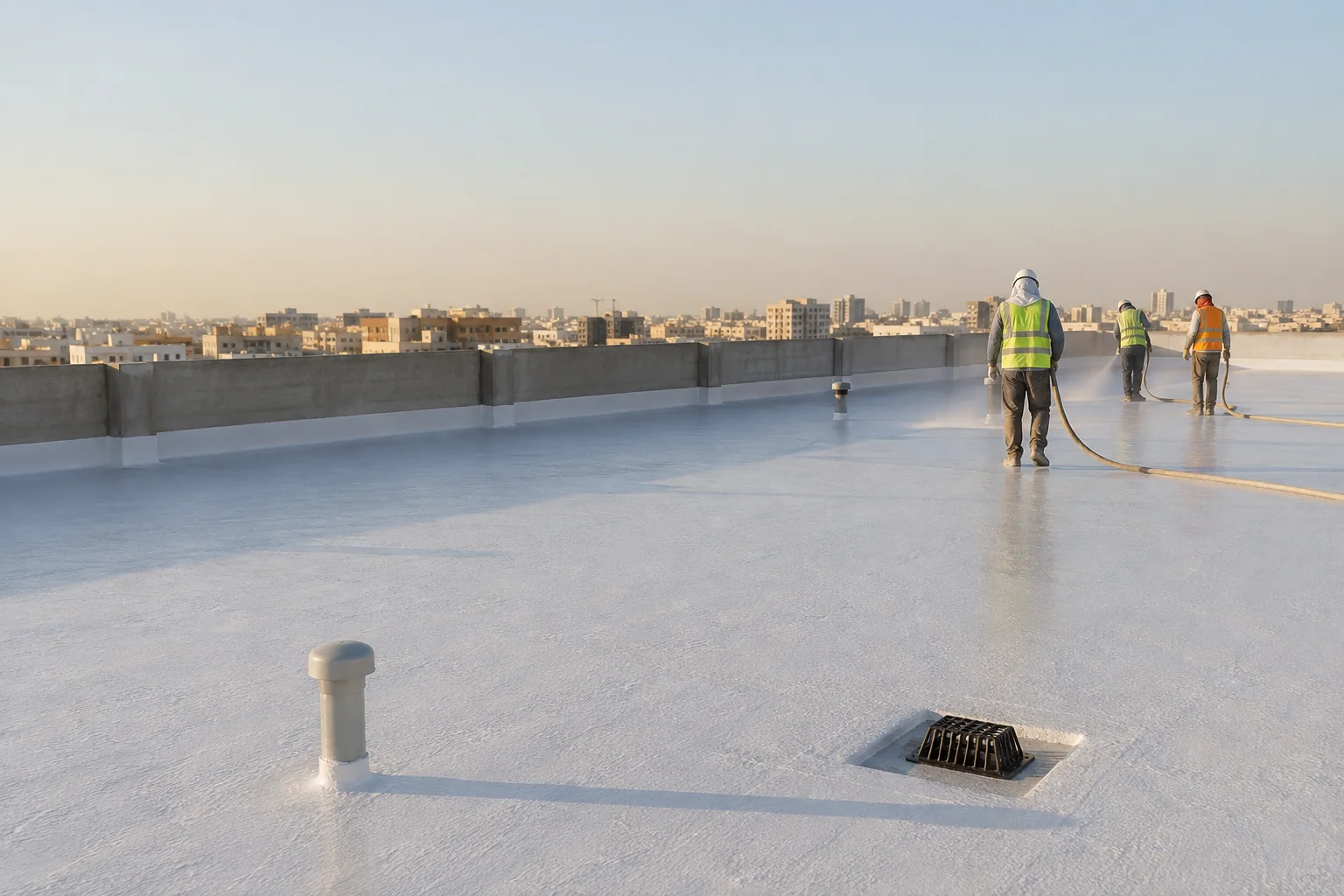 Illustrative generated view of a completed PU foam roof waterproofing system in Saudi Arabia