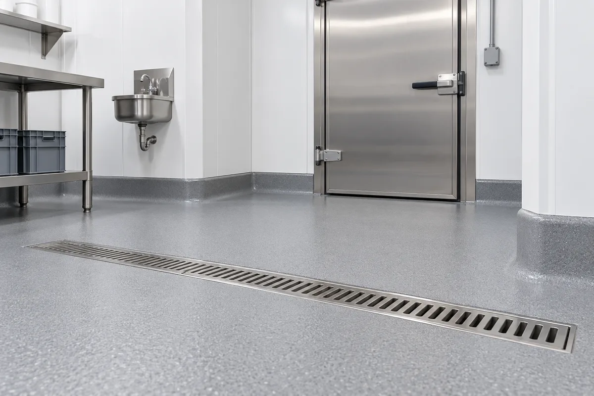 AI-generated illustration of resin-floor coving, a linear drain and a cold-room door
